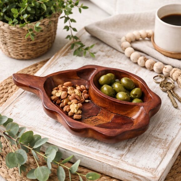 Other - Hand-Carved Wooden Hawaiian Leaf Bowl Divided Serving Dish - Monkey Pod
